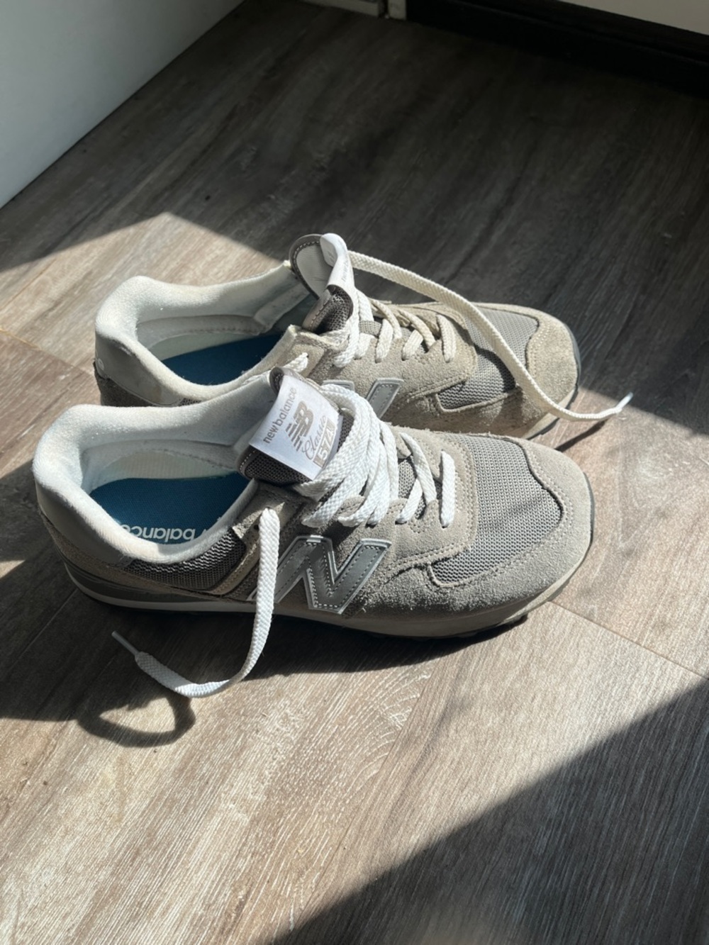 Men’s New Balance 574 Taupe and Light Gray Suede Mesh Sneakers - Picture 4 of 7